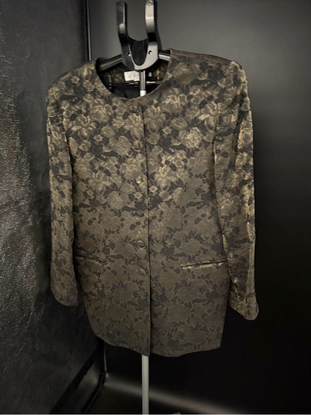 VINTAGE Chaus Brocade Black & Pale Gold Metallic Party Blazer Jacket Size 14